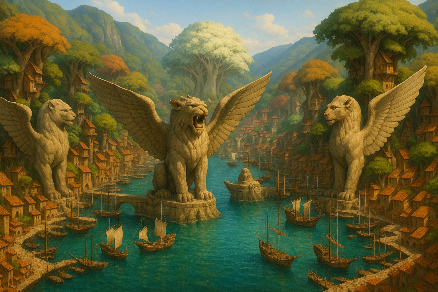A hidden green harbor watched over by monumental winged guardians